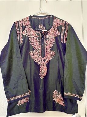 Embroidered green blue dressy Tunic top with Pink Floral embroidered detail